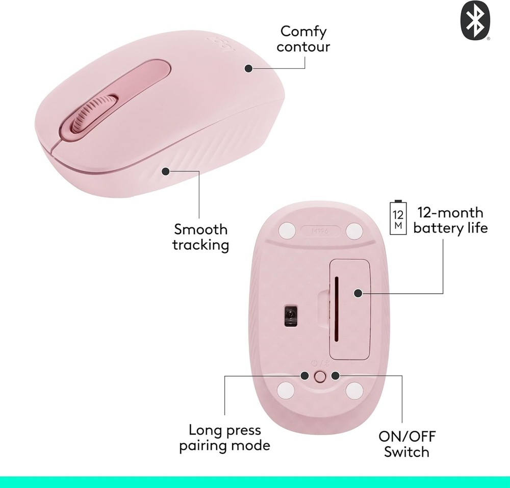 Logitech M196 Light Bluetooth Wireless Optical Mouse Compact 3-Button Rose Pink