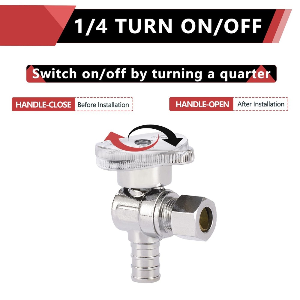 (Pack of 5) 1/4 Turn Angle Stop Valve 3/8" OD Compression x 1/2" Pex Chrome P...