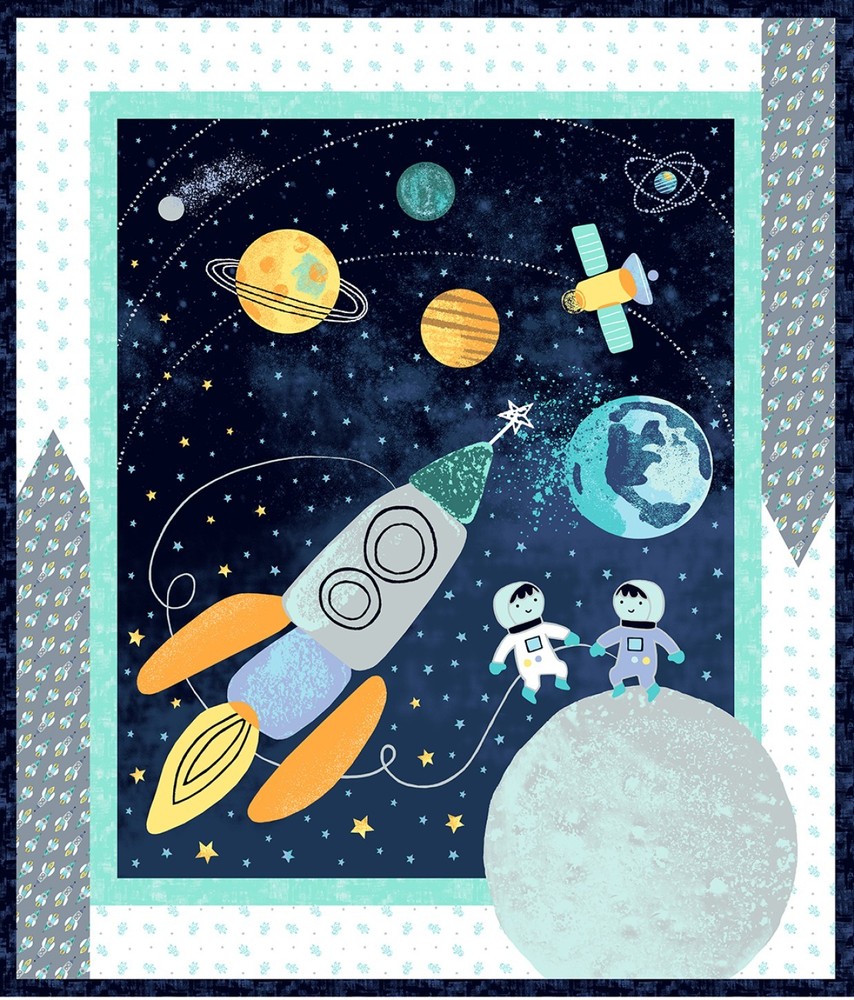 35" Fabric Panel | Windham Space Explorers Astronaut Rocket Planet Scene Blue