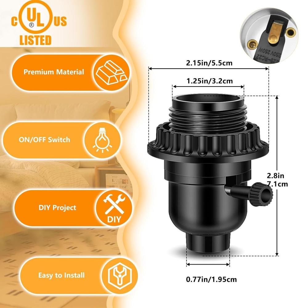 Listed E26 Light Socket, Threaded Lamp Socket Replacement with ON/Off Switch ...
