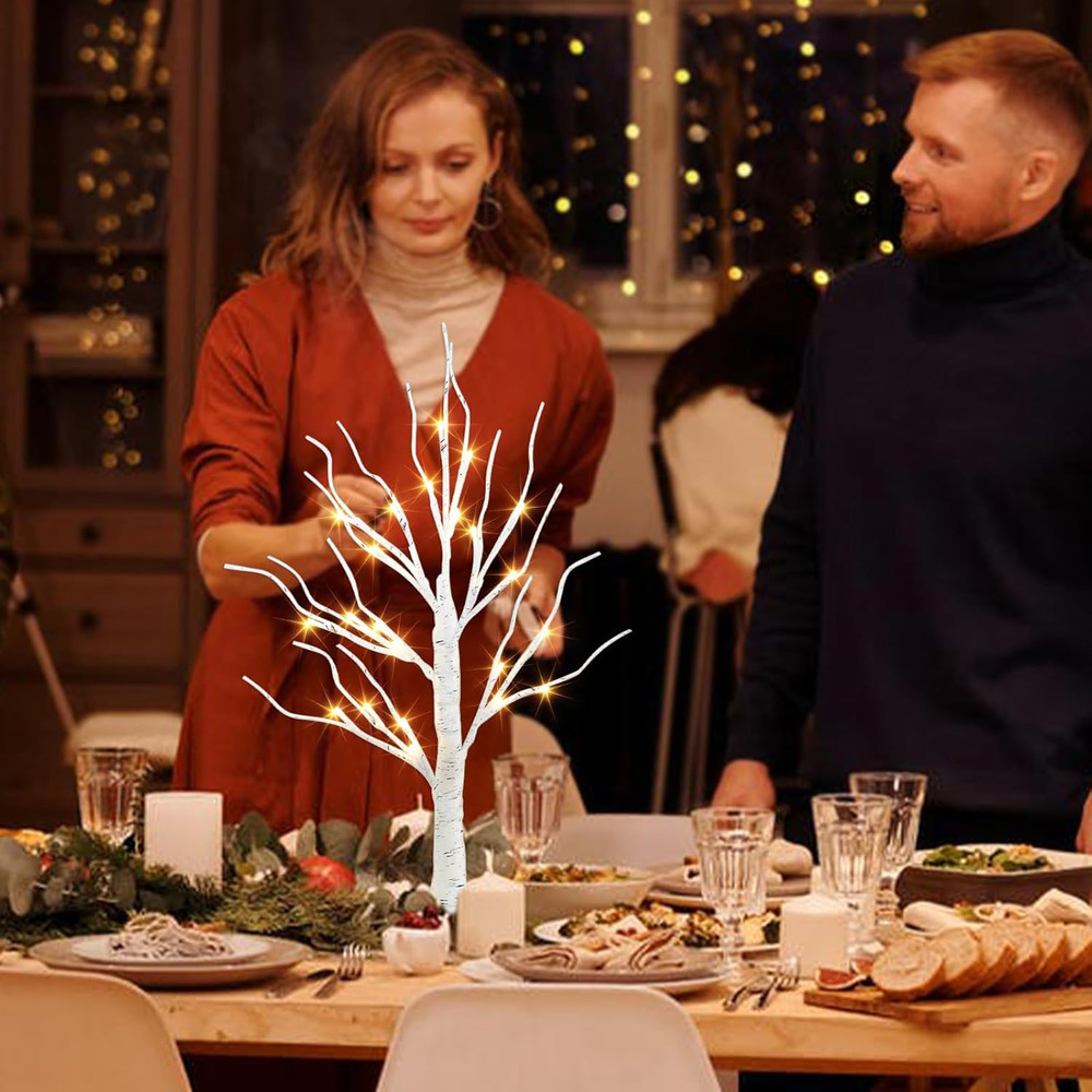 Artificial Tree for Easter Decorations, 2 FT Birch Tree with LED Lights, Warm Wh