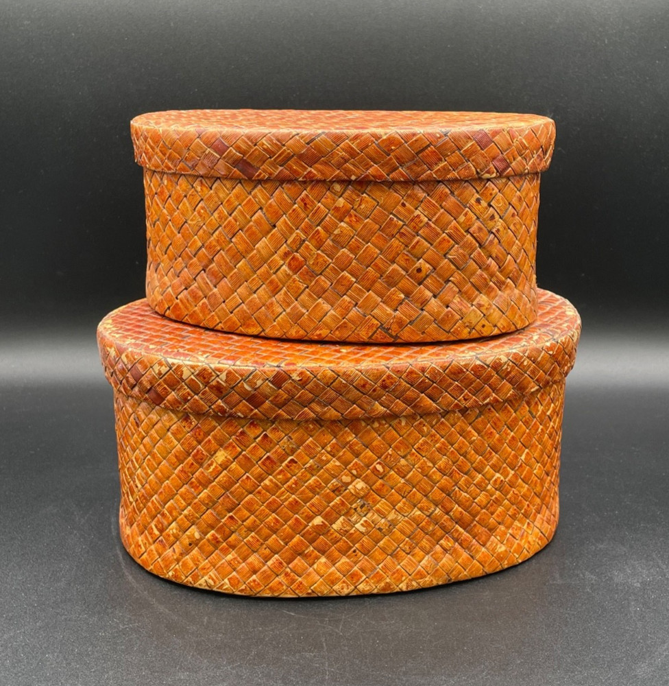 Woven Rattan Nesting Oval Boxes/Baskets With Lids, Set of 2,