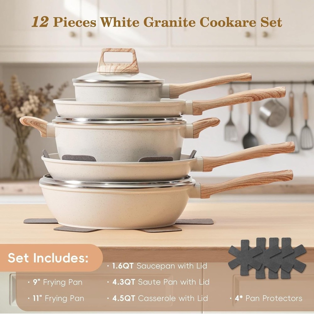 Effortless Cooking: 12 Pcs Nonstick White Granite Cookware Set with Lids