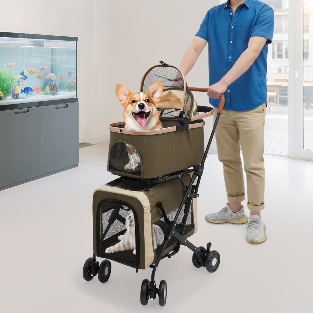 2-Tiers Small & Medium Dogs Stroller Dog & Cat Stroller Foldable Pet Stroller