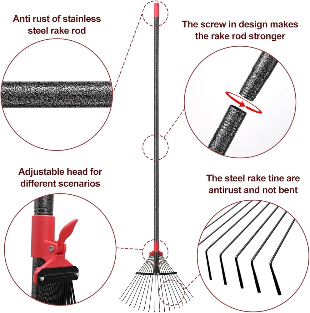 Versatile 76-Inch Garden Rake with 18 Adjustable Tines - Effortless Yard Work