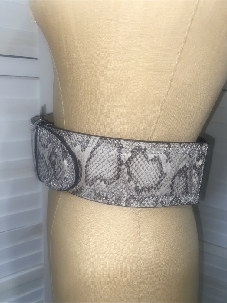 Python Snake Skin Leather Belt Stretch Back 3” Wide Silver Tone Double Buckle M
