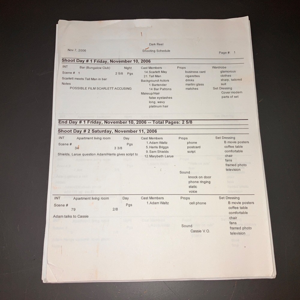 DARK REEL (2008) Horror Script w/Dead Body Highlights + Shooting Schedule + COA!