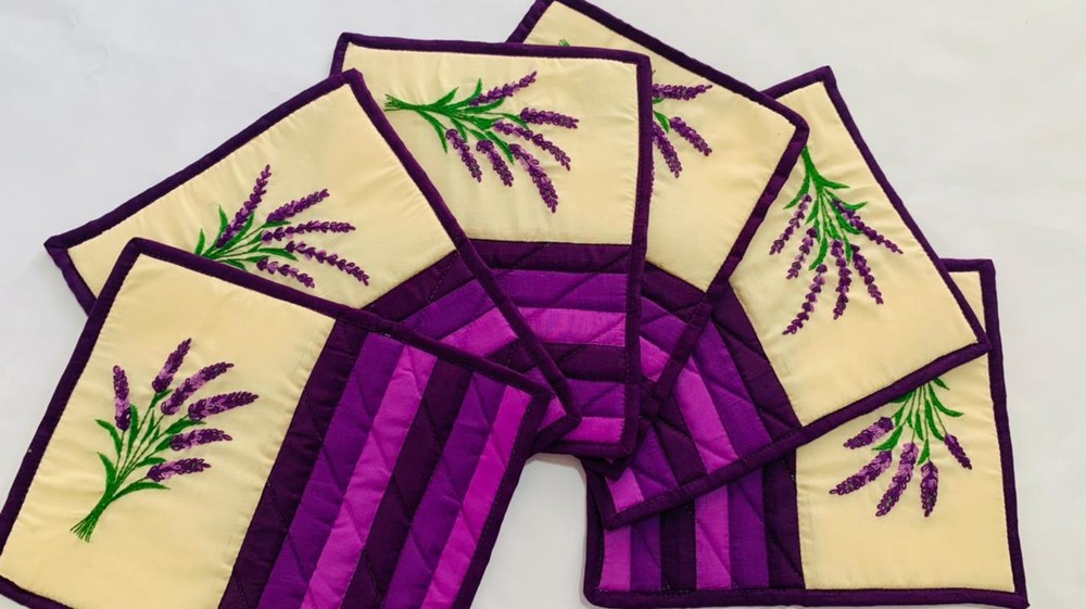 Hand embroidered quilted Mug Rugs (6 rugs)