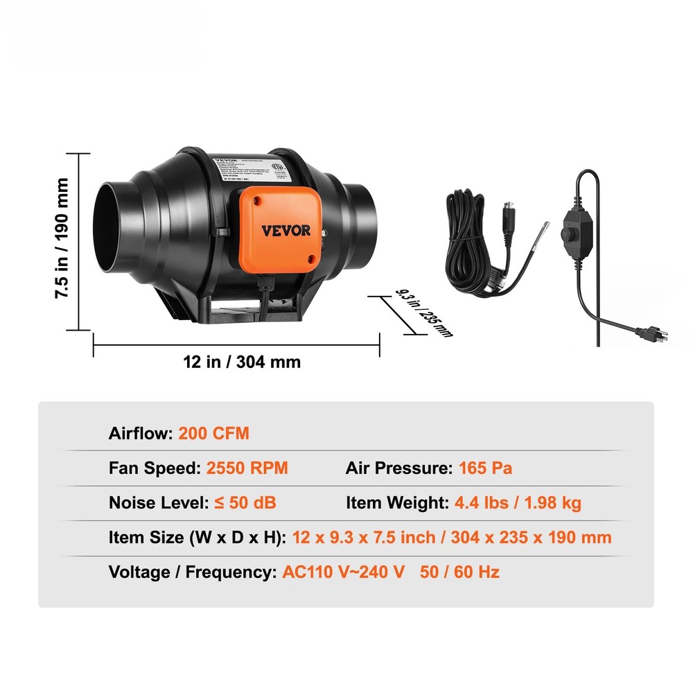 Inline Duct Fan with Variable Speed Controller Quiet AC-motor Ventilation Fan