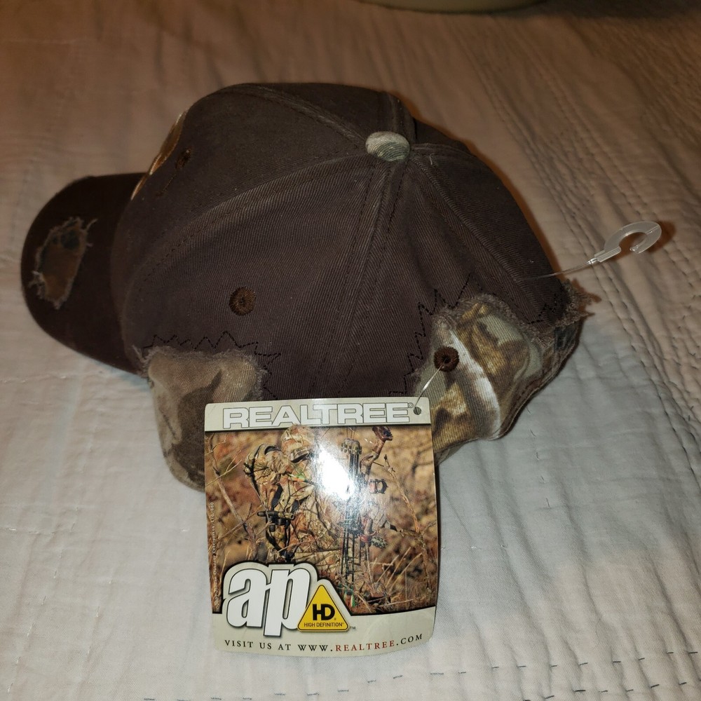 Realtree Distressed Brown Camo Hat Cap Raw Edge Mirrored Bs Hook & Loop NWT