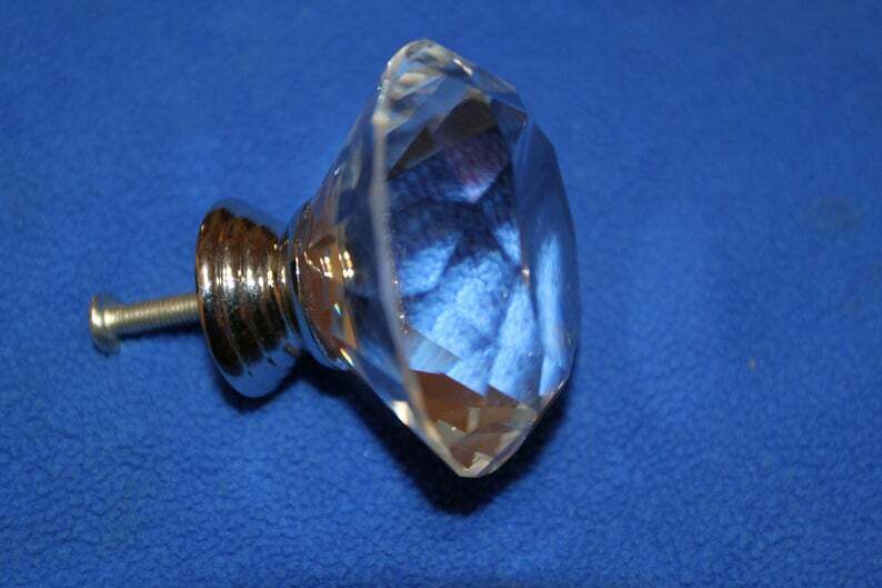 (2) knobs Large Crystal Look Glass Knob Pulls Diamond Cut Solid, 2" dia., HW-DL2