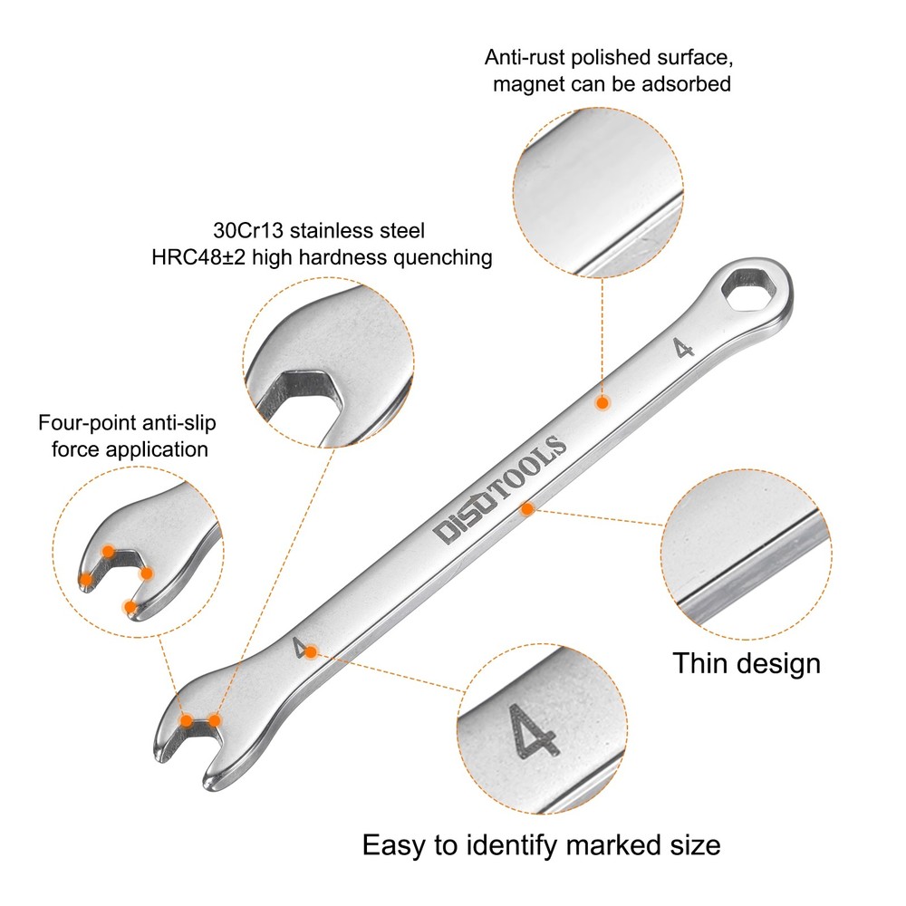 2pcs Thin Combination Wrench 4mm with 6-Point Ended 15°Angled Open End