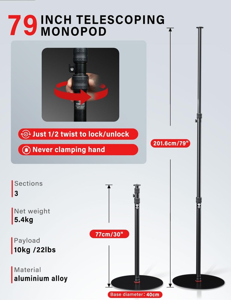 A400 Round Base Monopod, 79'' Photography Light Stand with Flat Base, Aluminu...