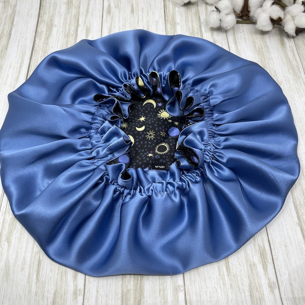 Reversible 100% pure silk bonnet Sun and moon print double layer sleeping cap