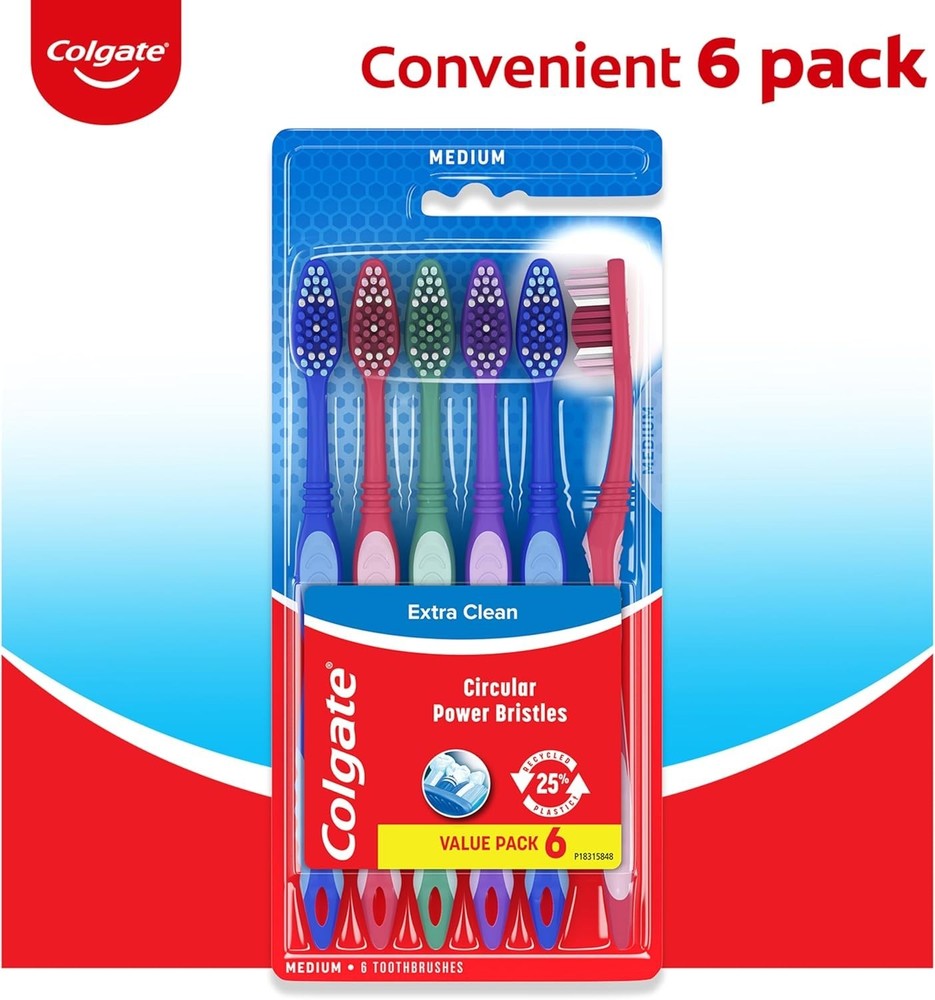 Colgate Extra Clean 6-Pack Medium Toothbrushes with Tongue Scraper – Multi-Color