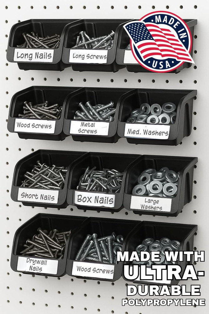 Pegboard Bins - 6 Each 7" & 6 Each 5" ORGANIZING Bins - Hooks to Peg Board Panel