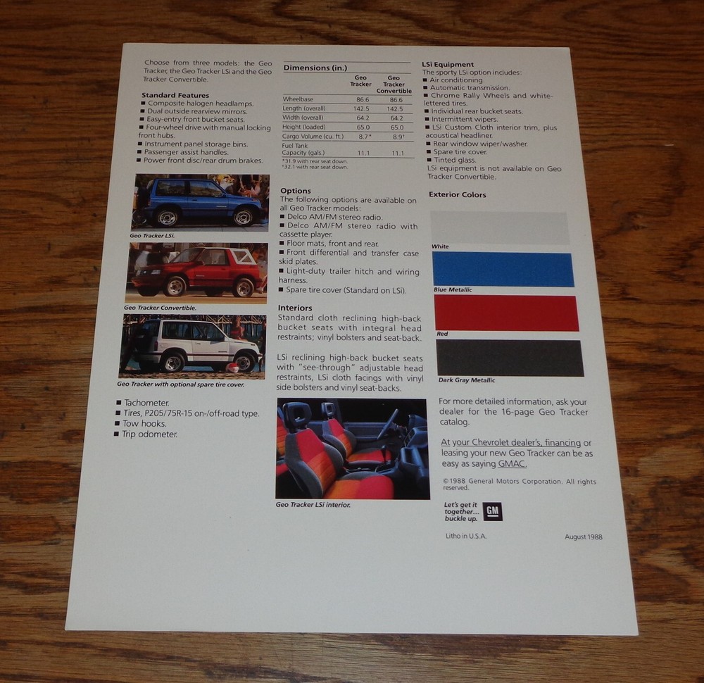 Original 1989 Geo Tracker Sales Sheet Brochure 89