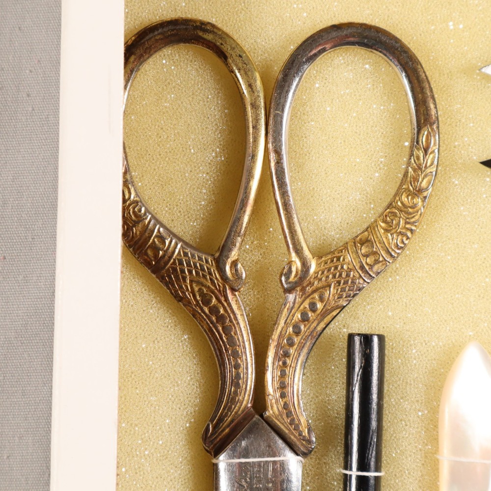 Antique Sewing Tools Scissors Quill Knives Thread Snips Display See Description