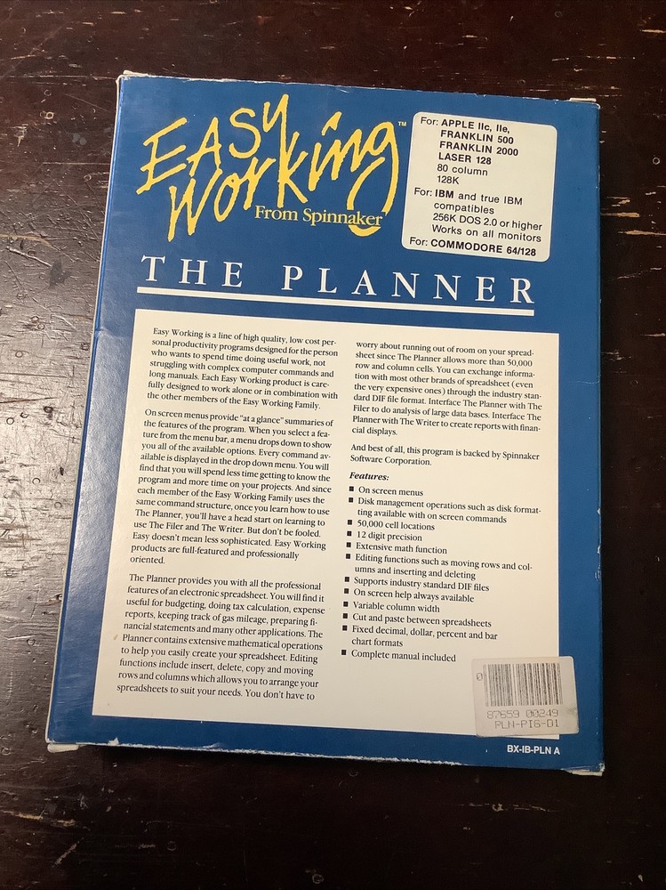 Easy Working From Spinnaker The Planner Commodore IBM & Apple Floppy Disk 5.25”