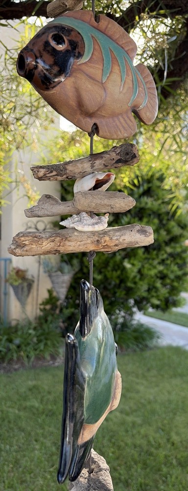 Hazel Olsen Attributed Driftwood Fish Pottery Shells Wind Chime Wall Hanging