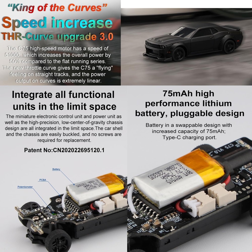RC 1/76 Micro Car DODGE CHALLENGER SRT Hellcat w/ LED Lights -RED-