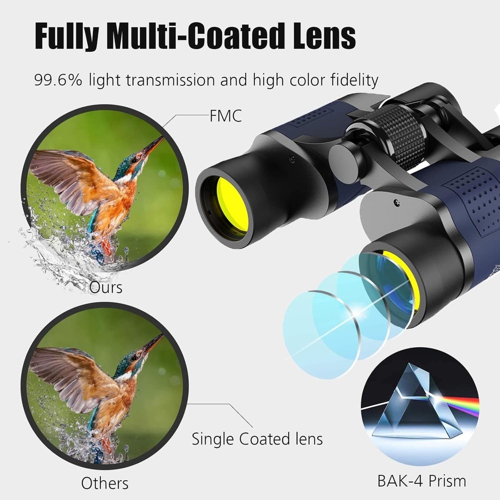 Compact 60X60 Binoculars with Low Light Night Vision for Birdwatching & Hunting