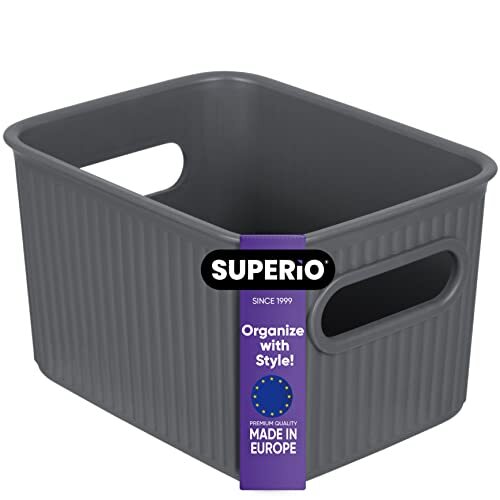 Superio Mini Ribbed Storage Bin- Plastic Storage Basket (1.5 Liter, Grey)