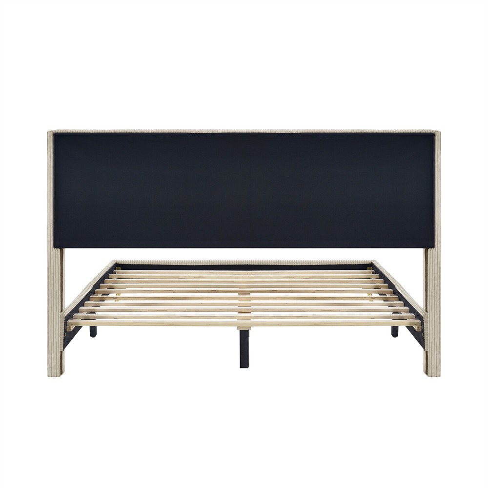 Queen Size Bed Frame Upholstered Platform Bed w/ Upholstered Headboard Beige