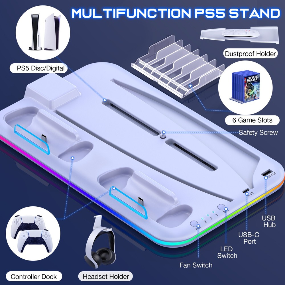 PS5 Slim Stand Cooling Station+Controller Charging Station For PS5 Digital/Disc