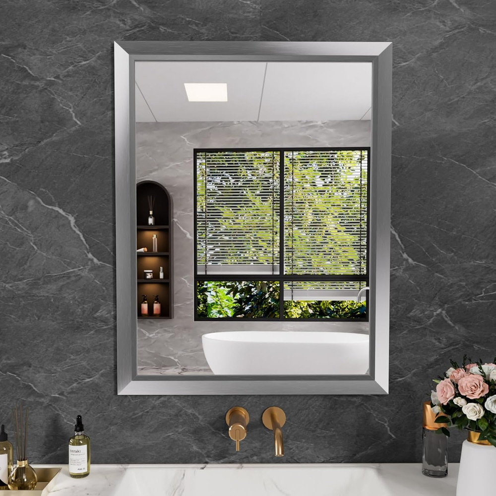 28x36" Silver Bathroom Mirror - Thick Metal Frame, Versatile for Any Room