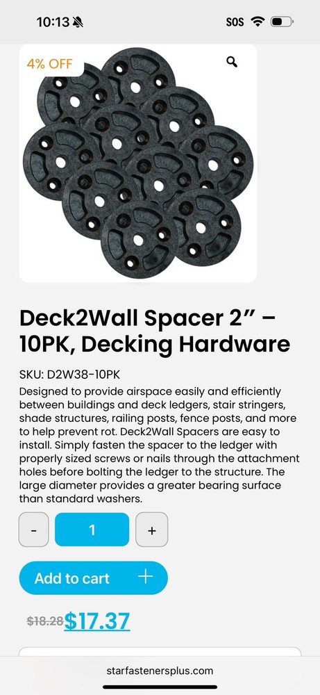 Deck2Wall Spacer 2″ – 10PK, Decking Hardware