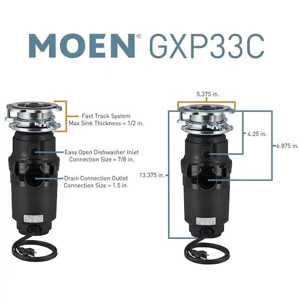 Moen Lite Series GXP33C PRO 1/3 HP Continuous Feed Garbage Disposal with...