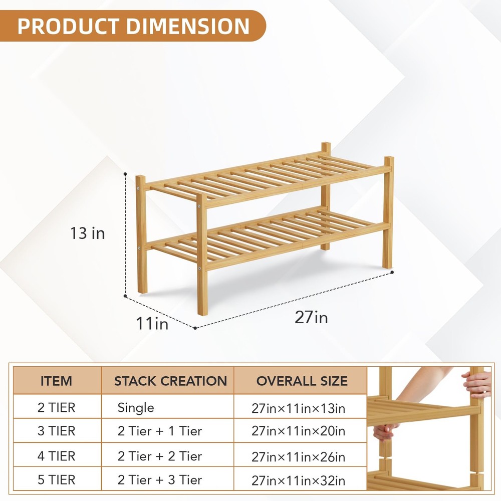 2 Tier Bamboo Shoe Rack Storage Organizer for Closet, Multifunctional Stackab...