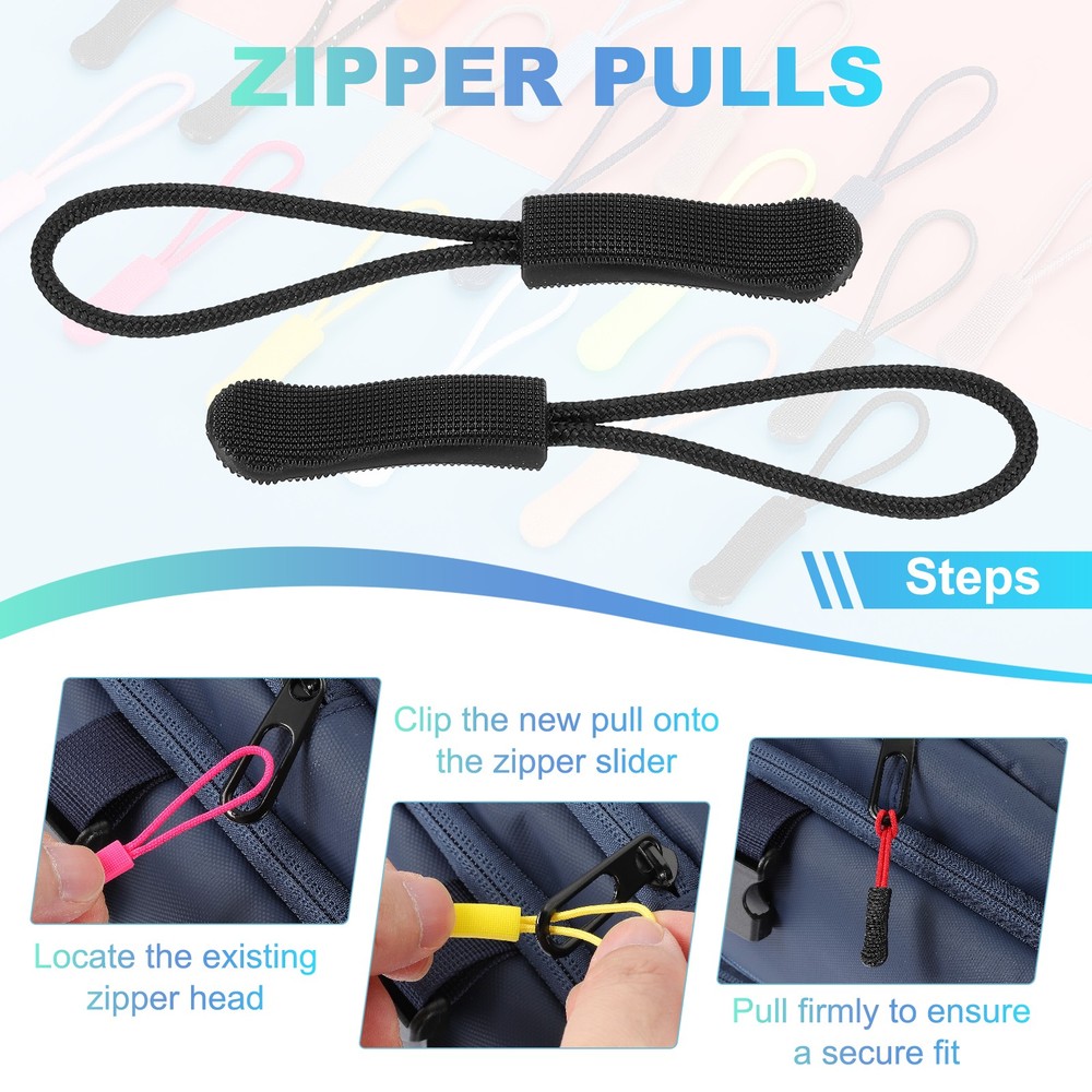2.6" Zipper Pulls Replacement, 50 Pcs Nylon Cord Extension, Black