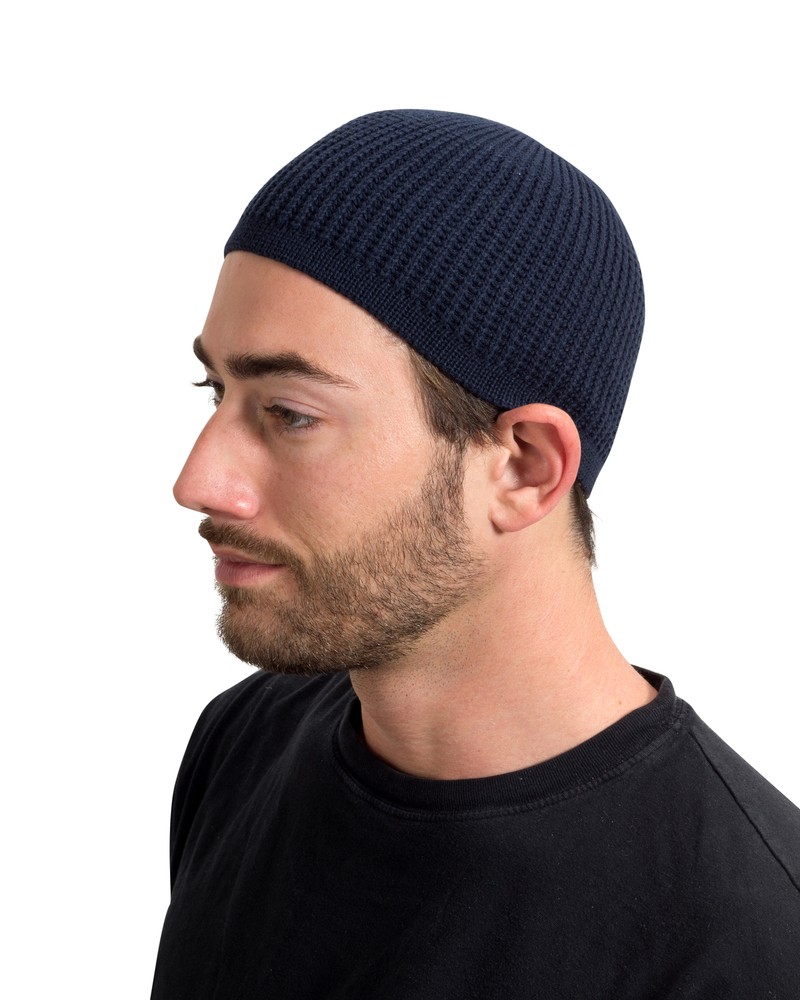 Solid Colored Elastic Skull Cap Kufi Hats with Ribbed Checkered Knit