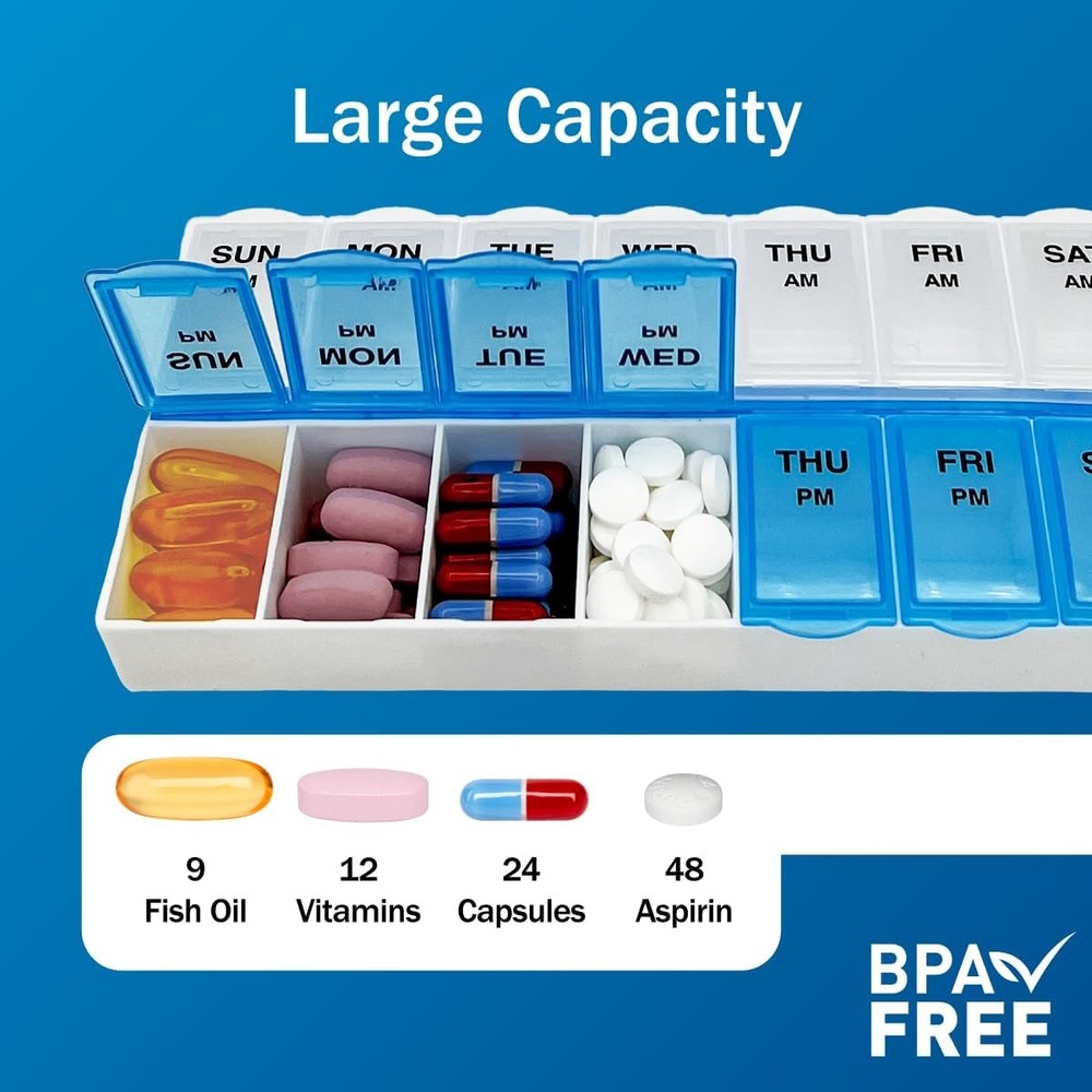Amazon Basic Care (7-Day) AM/PM Pill Organizer, 1 Count (Pack of 1), Blue