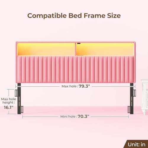 Headboard for Size Bed with Storage, Head Board with USB & Type C King Pink