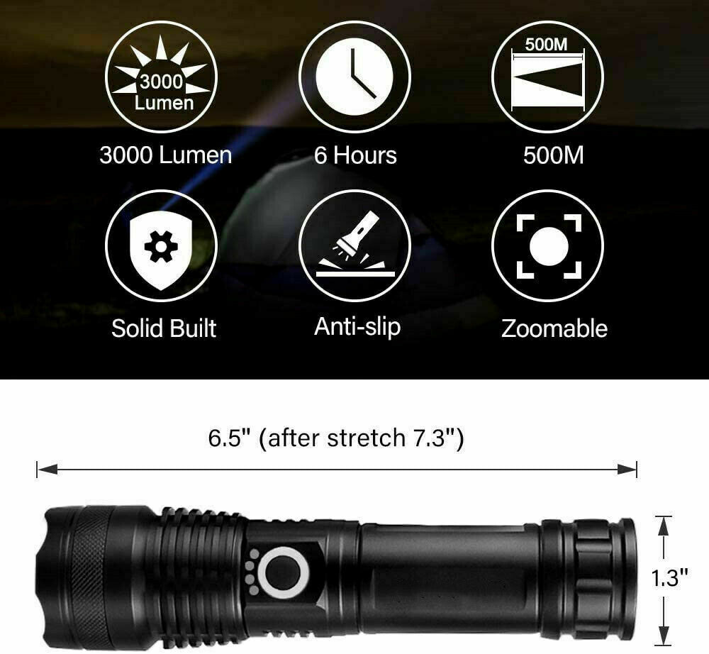 Super-Bright LED Tactical Flashlight Torch With Rechargeable Battery