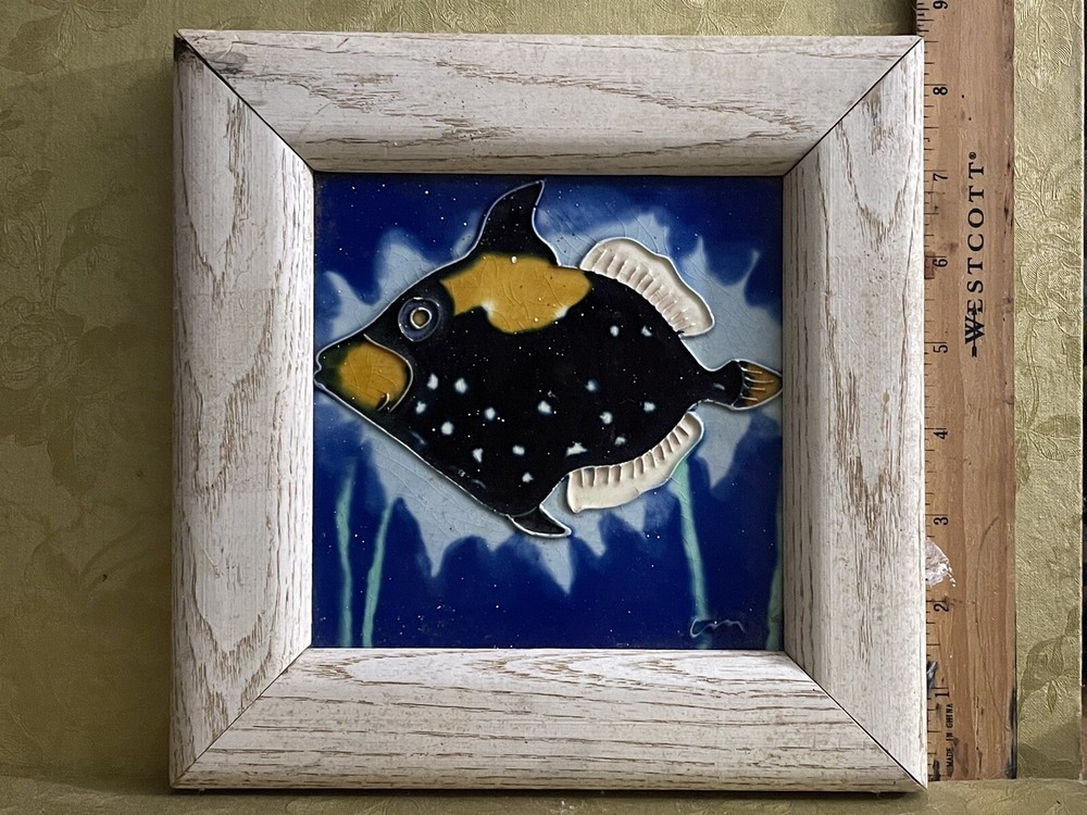 Tropical Shell Fish Ocean Nautical Ceramic Tile Decor framed signed