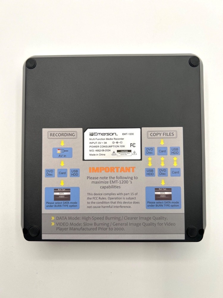Emerson EMT-1200 Multi-Function Media Recorder DVD USB AV SD Card Input New