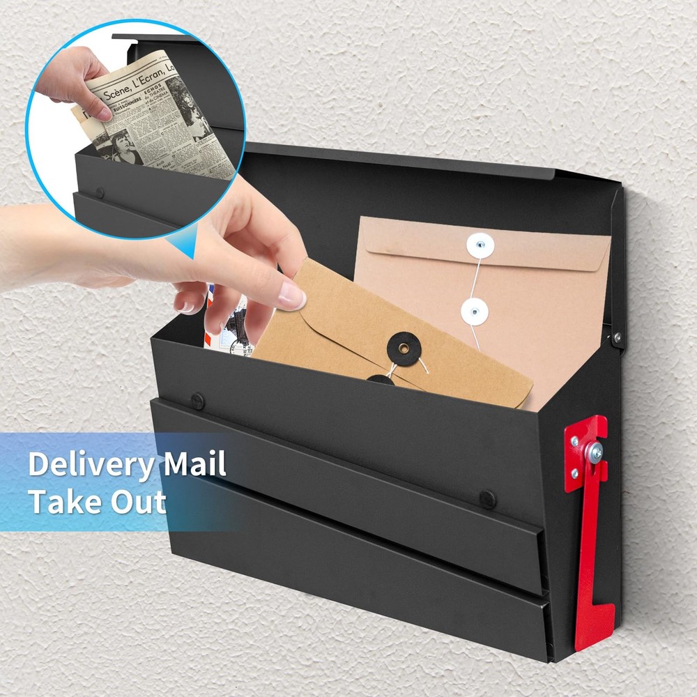 Wall-Mount Mailbox, Morden Mailbox for House, Rust Flag, Black