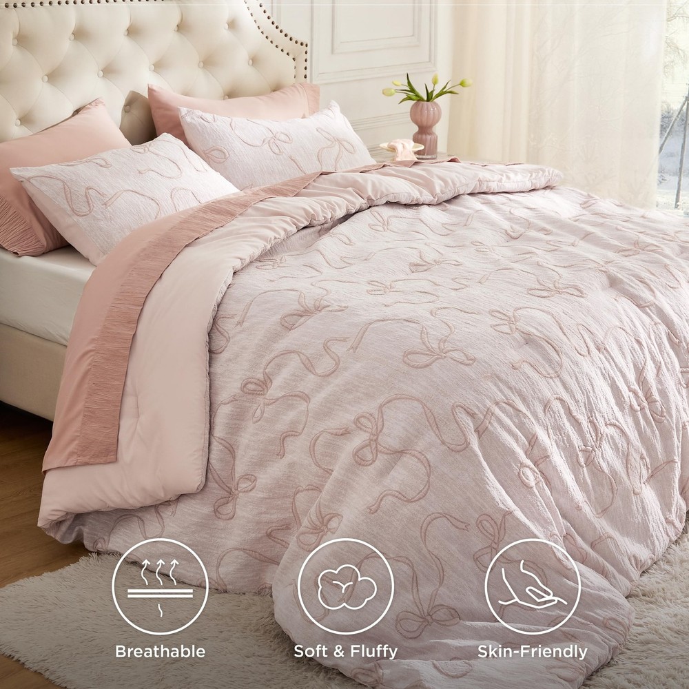 Bedsure Pink Comforter Set Queen, GentleSoft™ 3 Pieces Breathable Bow Comf