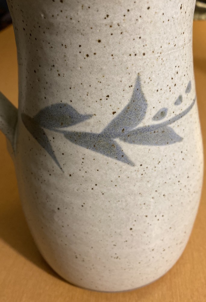 Light Colored Pottery Pitcher With Leaf Design Signed 8 1/4" (See Description)