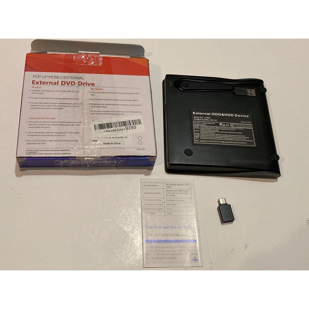 Ziweo Pop Up Mobile External DVD Drive LT801 With USB C Adapter Black