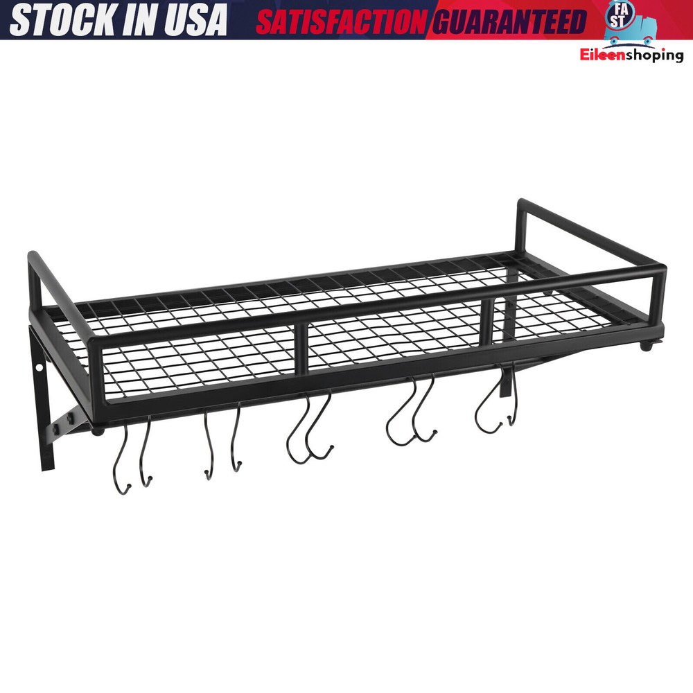 Kitchen Wall Mounted Storage Shelf Cookware Pan Pot Organizer Rack with 10 Hooks