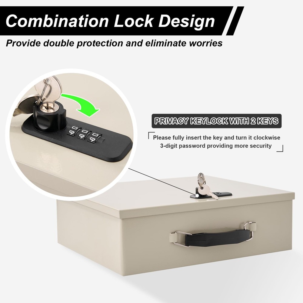 Fireproof Document Box with Key Lock & Large, White-Combination