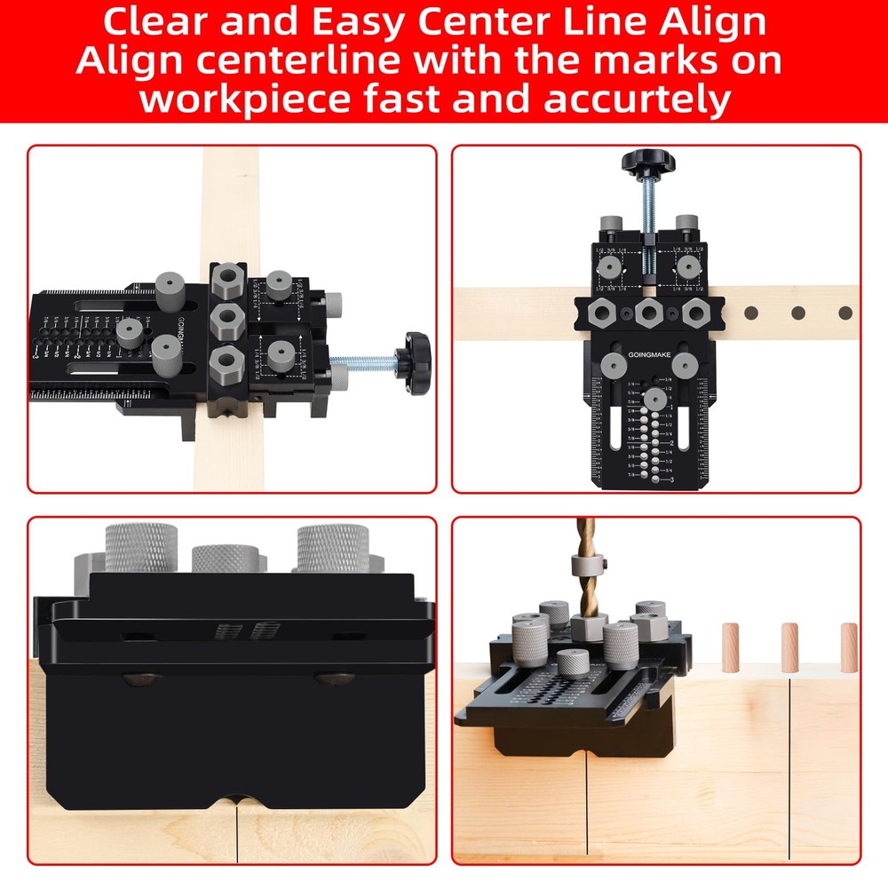 GOINGMAKE Dowel Jig Kit with Quick Positive Stop and Clamp, Adjustable Doweli...