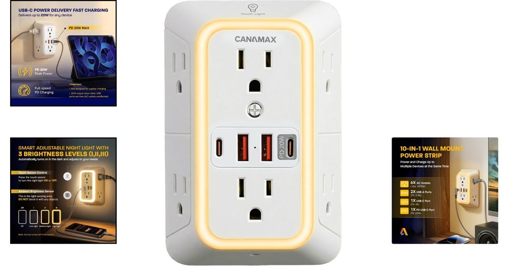 Advanced 6-Outlet Power Station with USB Fast Charging & Night Light Features