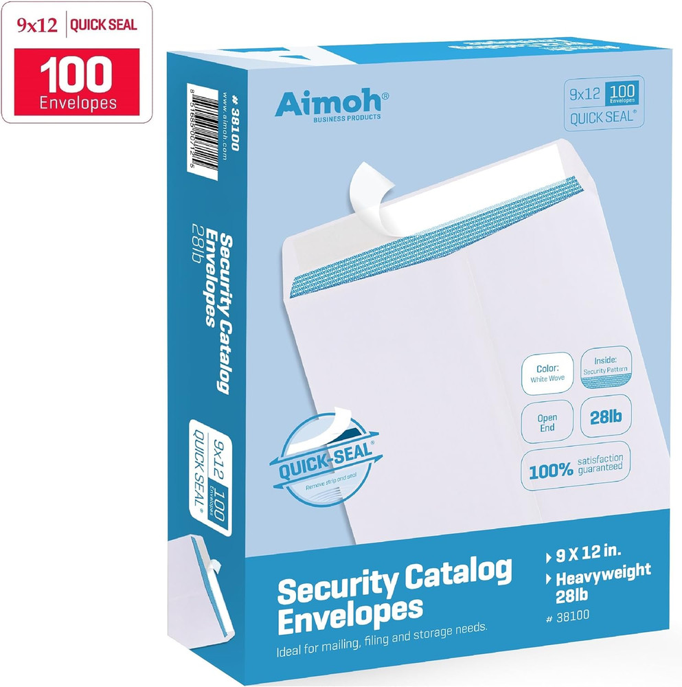 100 Pack 9x12 Self Seal Security Catalog Envelopes 28lb Tinted White