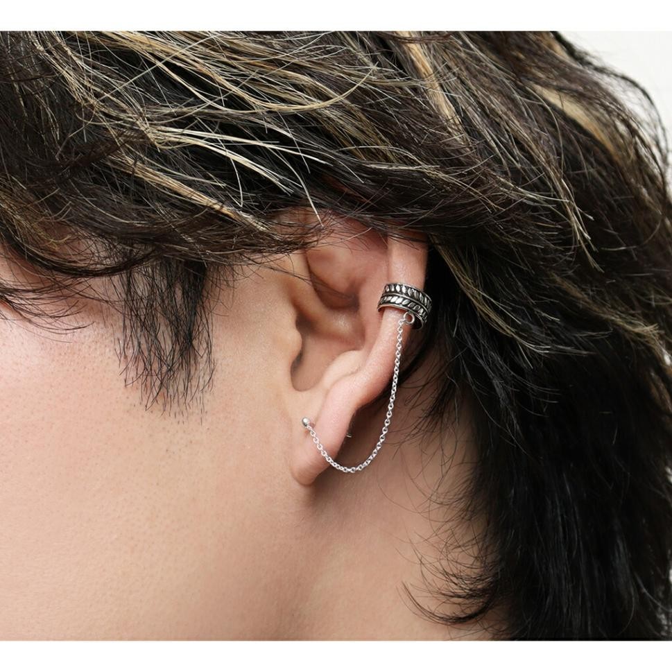 Sterling Silver Plant Chain Ear Cuff & Stud Earring (Single)